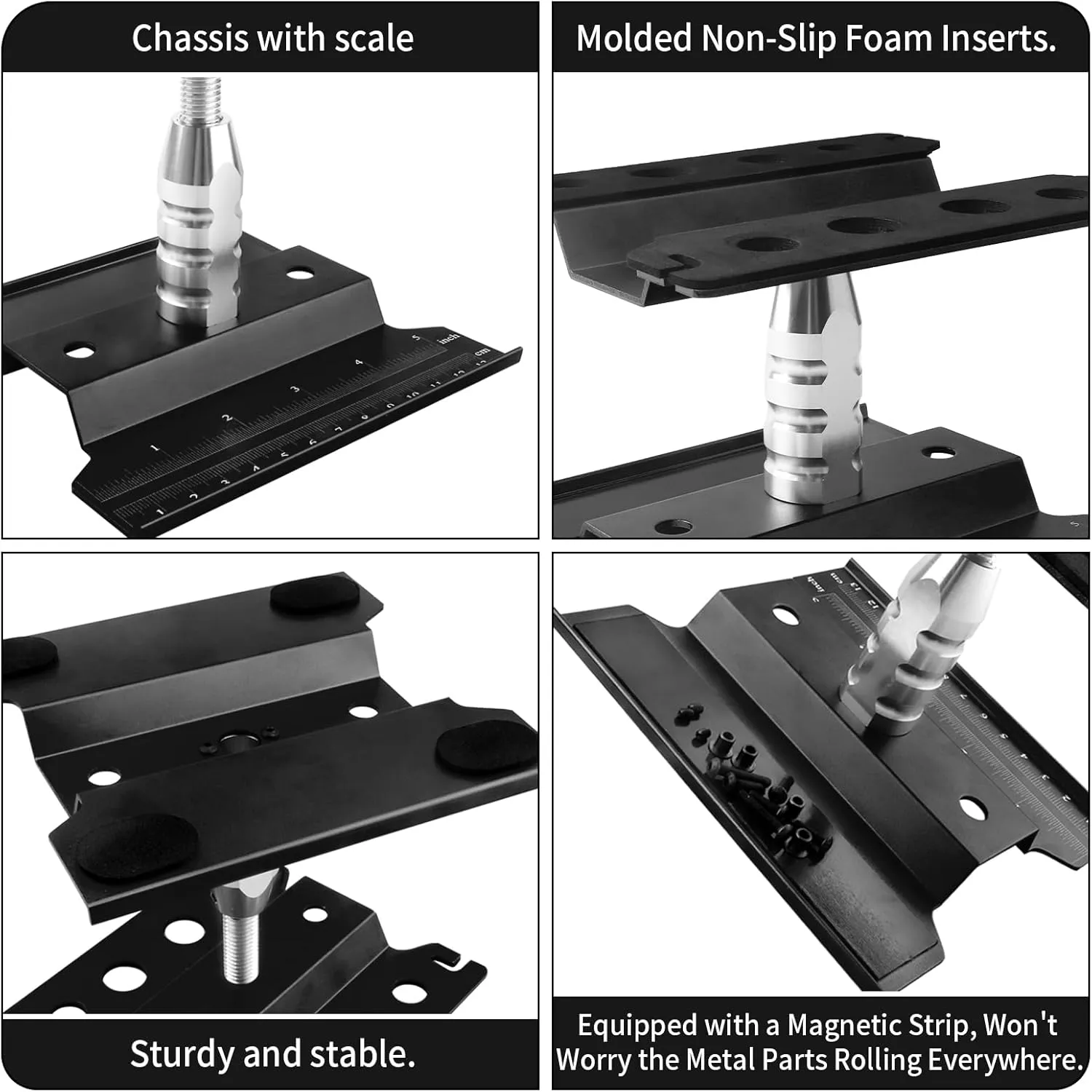 Aluminum Alloy RC Car Work Stand Repair Workstation with Screws Kit & 17mm Hex Wheel Wrench 360 Degree Rotation Lift/Lower for 1/8 1/10 1/12 Scale Cars Trucks Buggies (Black)