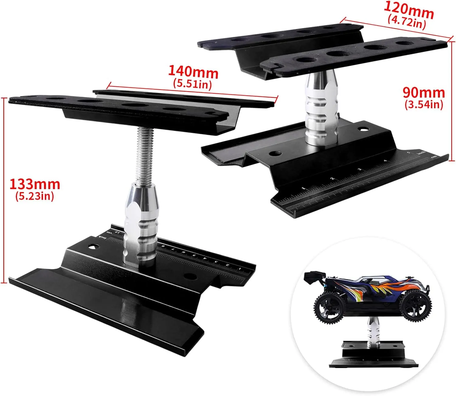Aluminum Alloy RC Car Work Stand Repair Workstation with Screws Kit & 17mm Hex Wheel Wrench 360 Degree Rotation Lift/Lower for 1/8 1/10 1/12 Scale Cars Trucks Buggies (Black)