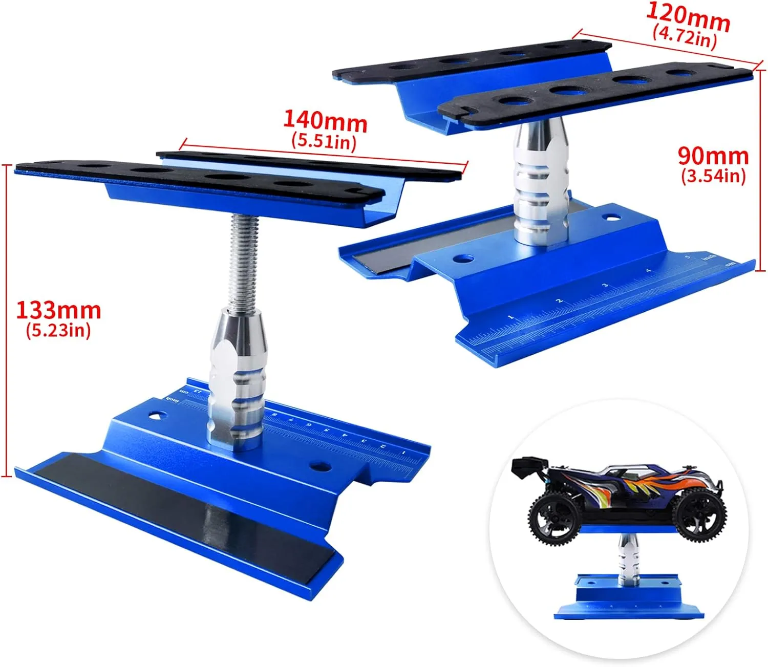Aluminum Alloy RC Car Work Stand Repair Workstation with Screws Kit & 17mm Hex Wheel Wrench 360 Degree Rotation Lift/Lower for 1/8 1/10 1/12 Scale Cars Trucks Buggies (Navy Blue)