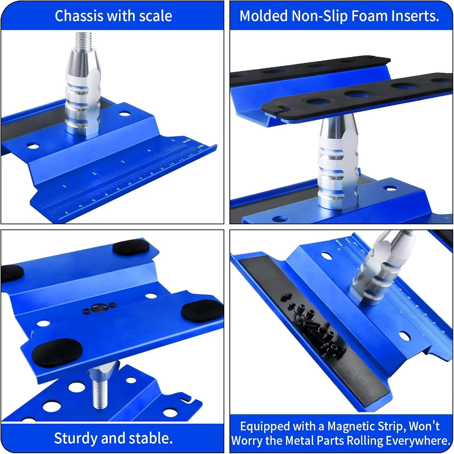 Aluminum Alloy RC Car Work Stand Repair Workstation with Screws Kit & 17mm Hex Wheel Wrench 360 Degree Rotation Lift/Lower for 1/8 1/10 1/12 Scale Cars Trucks Buggies (Navy Blue)