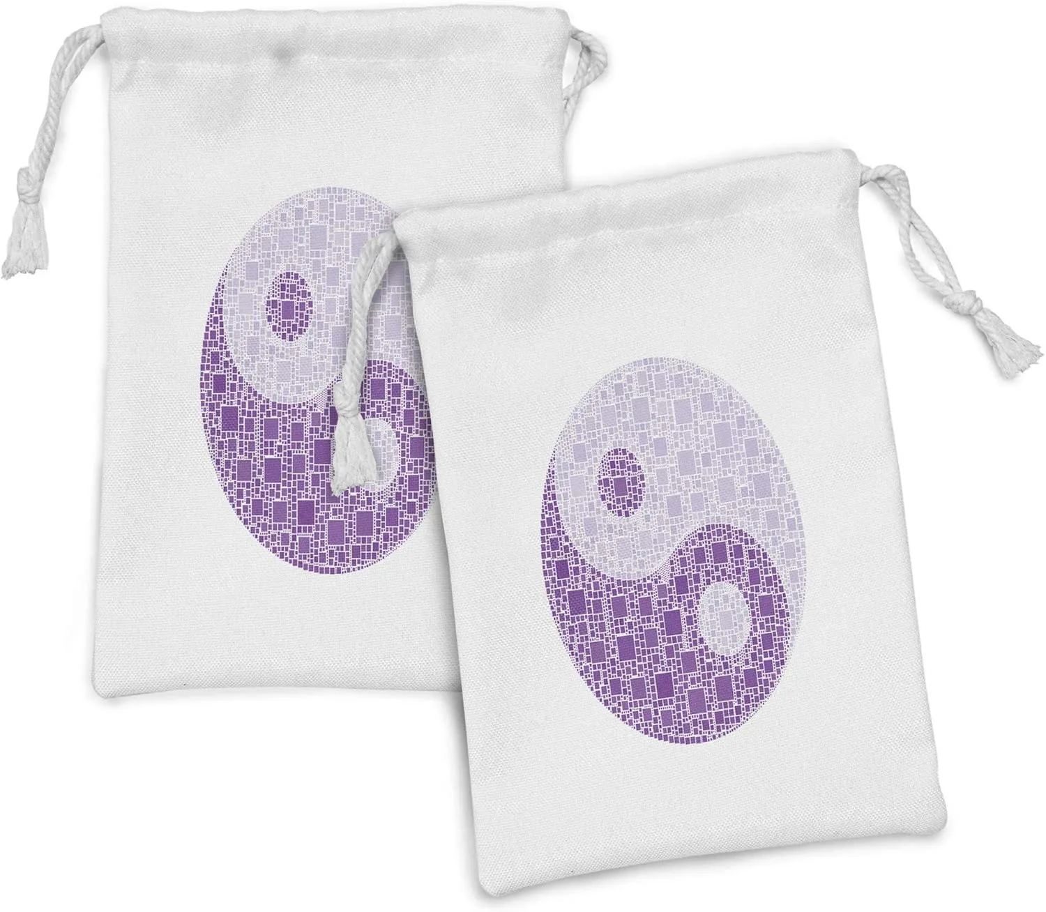 Ambesonne Yin Yang Fabric Pouch Set of 2, Graphic Yin Yang Designed with Connecting Square Mosaic Tiles, Small Drawstring Bag for Toiletries Masks and Favors, 9" x 6", Violet and Pale Mauve