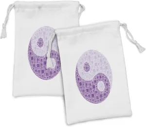 Ambesonne Yin Yang Fabric Pouch Set of 2, Graphic Yin Yang Designed with Connecting Square Mosaic Tiles, Small Drawstring Bag for Toiletries Masks and Favors, 9" x 6", Violet and Pale Mauve