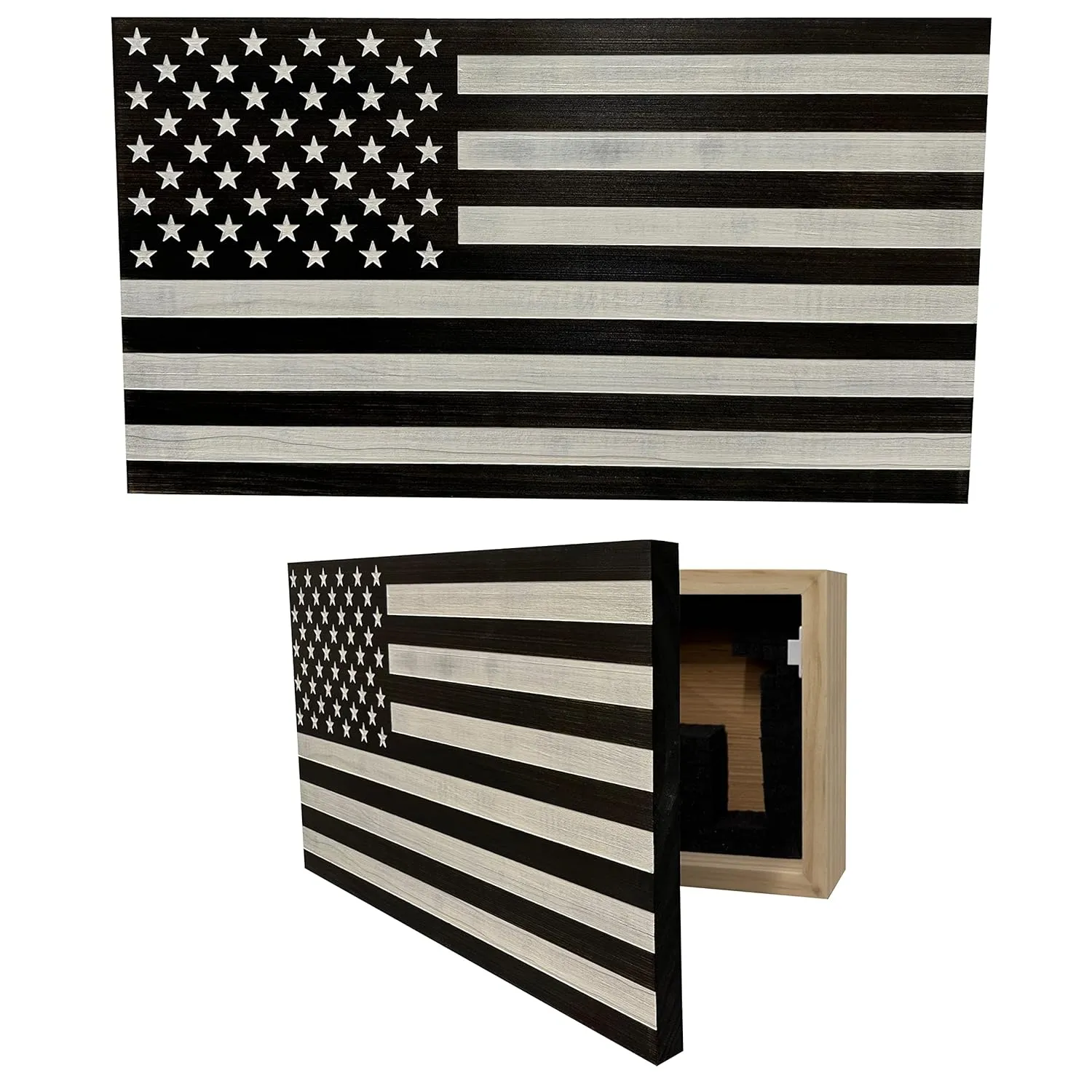 American Flag Concealed Gun Cabinet, Hidden Gun Storage American Flag (Black & White Distressed)