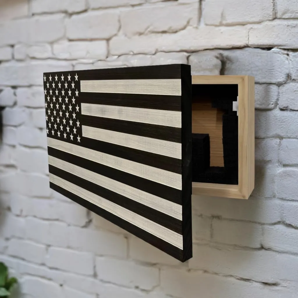 American Flag Concealed Gun Cabinet, Hidden Gun Storage American Flag (Black & White Distressed)