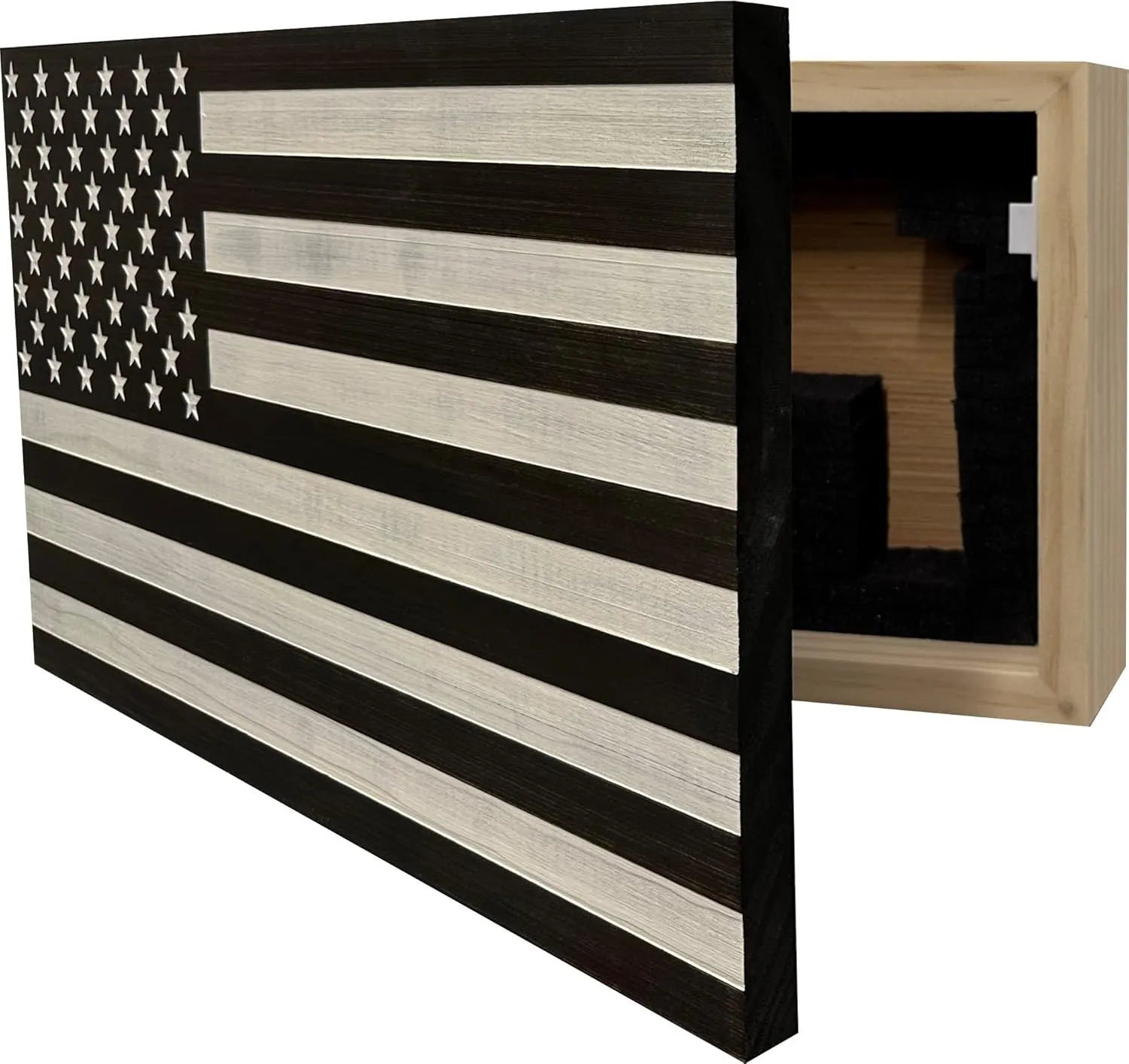 American Flag Concealed Gun Cabinet, Hidden Gun Storage American Flag (Black & White Distressed)