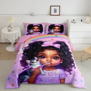 American Style Girl Bedding Set King Size Kawaii Cat Unicorn Comforter Set for Girls Room Decor Colorful Star Rainbow Down Comforter Cute Cartoon Princess Quilt Set with 2 Pillowcases
