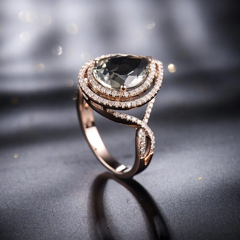 Amethyst Ring For Women, 14K Rose Gold Ring - Green Amethyst Rings, Natuaral Green Amethyst Gemstone Rings & Real Diamond Stone Rings For Couple Engagement Ring