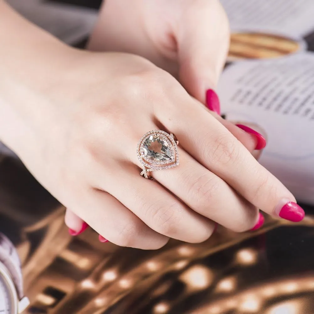 Amethyst Ring For Women, 14K Rose Gold Ring - Green Amethyst Rings, Natuaral Green Amethyst Gemstone Rings & Real Diamond Stone Rings For Couple Engagement Ring