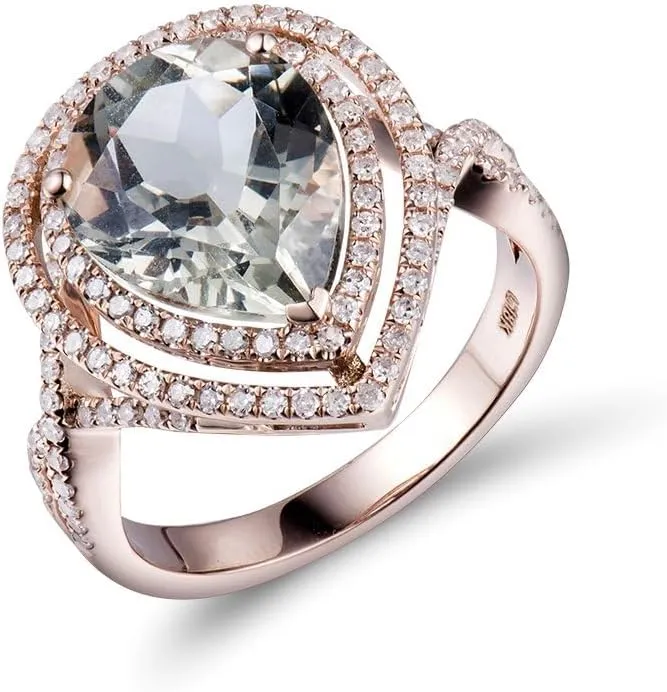 Amethyst Ring For Women, 14K Rose Gold Ring - Green Amethyst Rings, Natuaral Green Amethyst Gemstone Rings & Real Diamond Stone Rings For Couple Engagement Ring