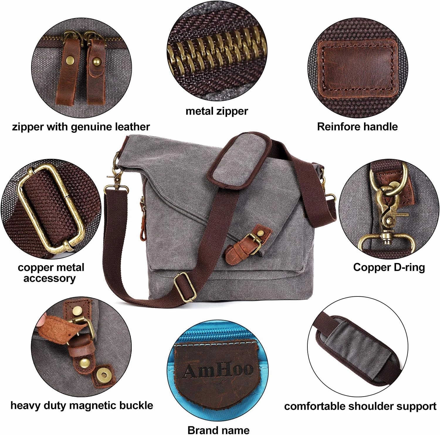 AmHoo Canvas Crossbody Bag for Women Genuine Leather Messenger Purse Handbags Shoulder Bag Hobo Totes