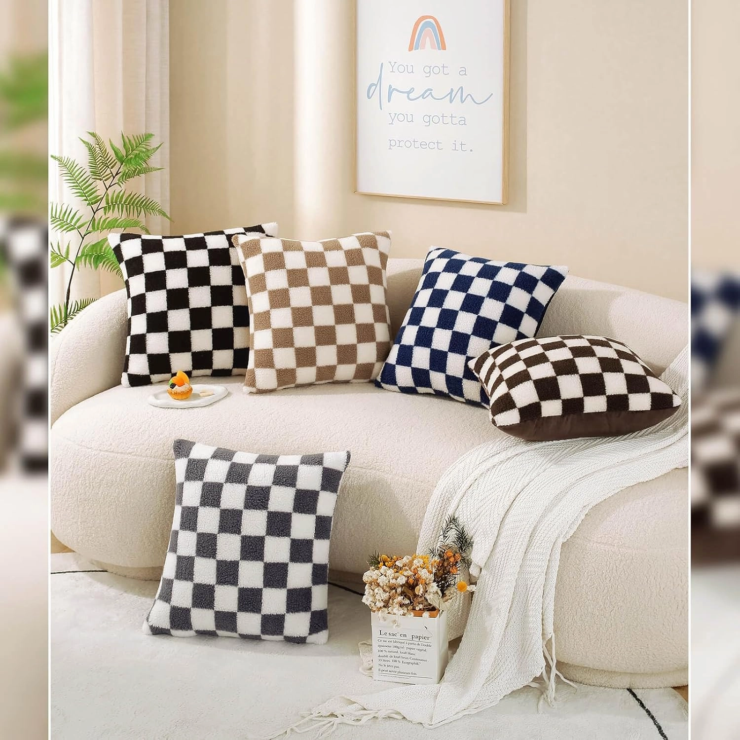 AmHoo Pack of 2 Decorative Throw Pillow Covers Checkerboard Luxury Super Soft Faux Fur Wool Set Case Cushion for Couch Sofa Bedroom 26 x 26-Inch Black