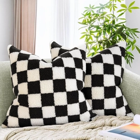 AmHoo Pack of 2 Decorative Throw Pillow Covers Checkerboard Luxury Super Soft Faux Fur Wool Set Case Cushion for Couch Sofa Bedroom 26 x 26-Inch Black