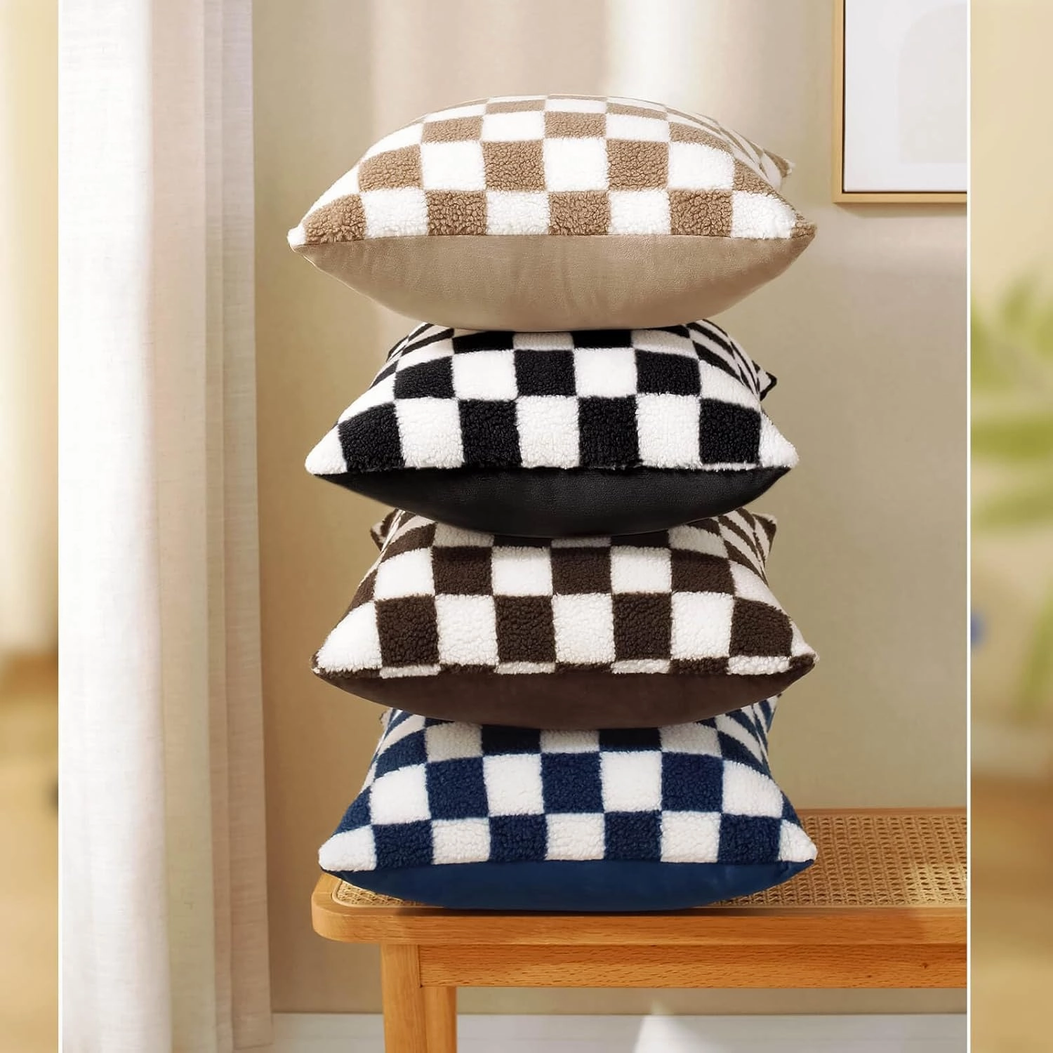 AmHoo Pack of 2 Decorative Throw Pillow Covers Checkerboard Luxury Super Soft Faux Fur Wool Set Case Cushion for Couch Sofa Bedroom 26 x 26-Inch Black