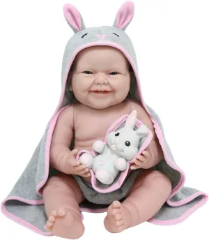 Anatomically Correct Real Girl Baby Doll | 17" All-Vinyl Baby Doll | JC Toys - La Newborn | Comes With Rabbit Hooded Towel and Play Rabbit | Designed by Berenguer | Ages 2 