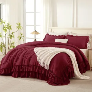 Andency Burgundy Ruffle Comforter Full Set, 3pcs Vintage Farmhouse Shabby Chic Bedding Comforter Set, Soft Lightweight Fluffy Bed Comforter Sets All Season Bedding Set