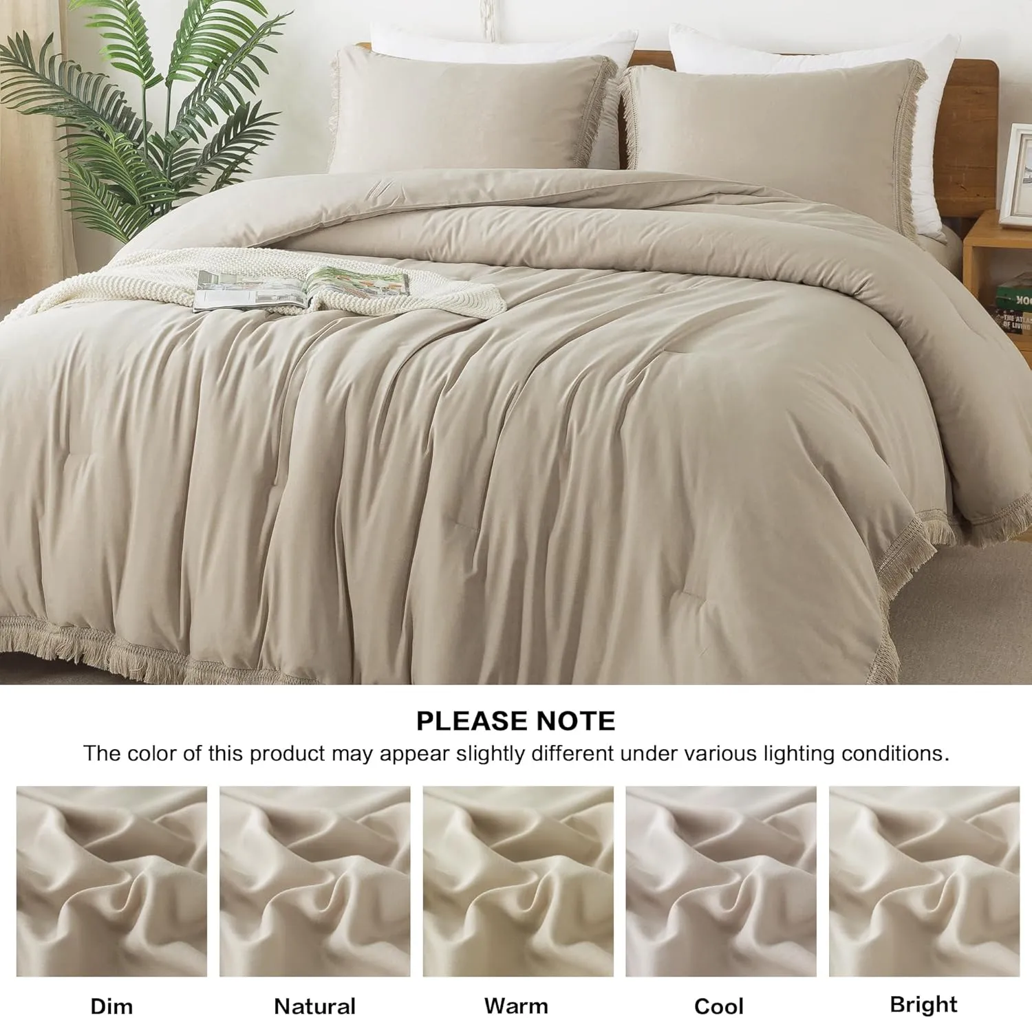 Andency Oatmeal Comforter Set Full Size, 3 Pieces Boho Tassel Lightweight Bedding Comforter Sets, All Season Soft Fluffy Fringe Bed Set (79x90In Comforter & 2 Pillowcases)