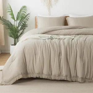 Andency Oatmeal Comforter Set Full Size, 3 Pieces Boho Tassel Lightweight Bedding Comforter Sets, All Season Soft Fluffy Fringe Bed Set (79x90In Comforter & 2 Pillowcases)