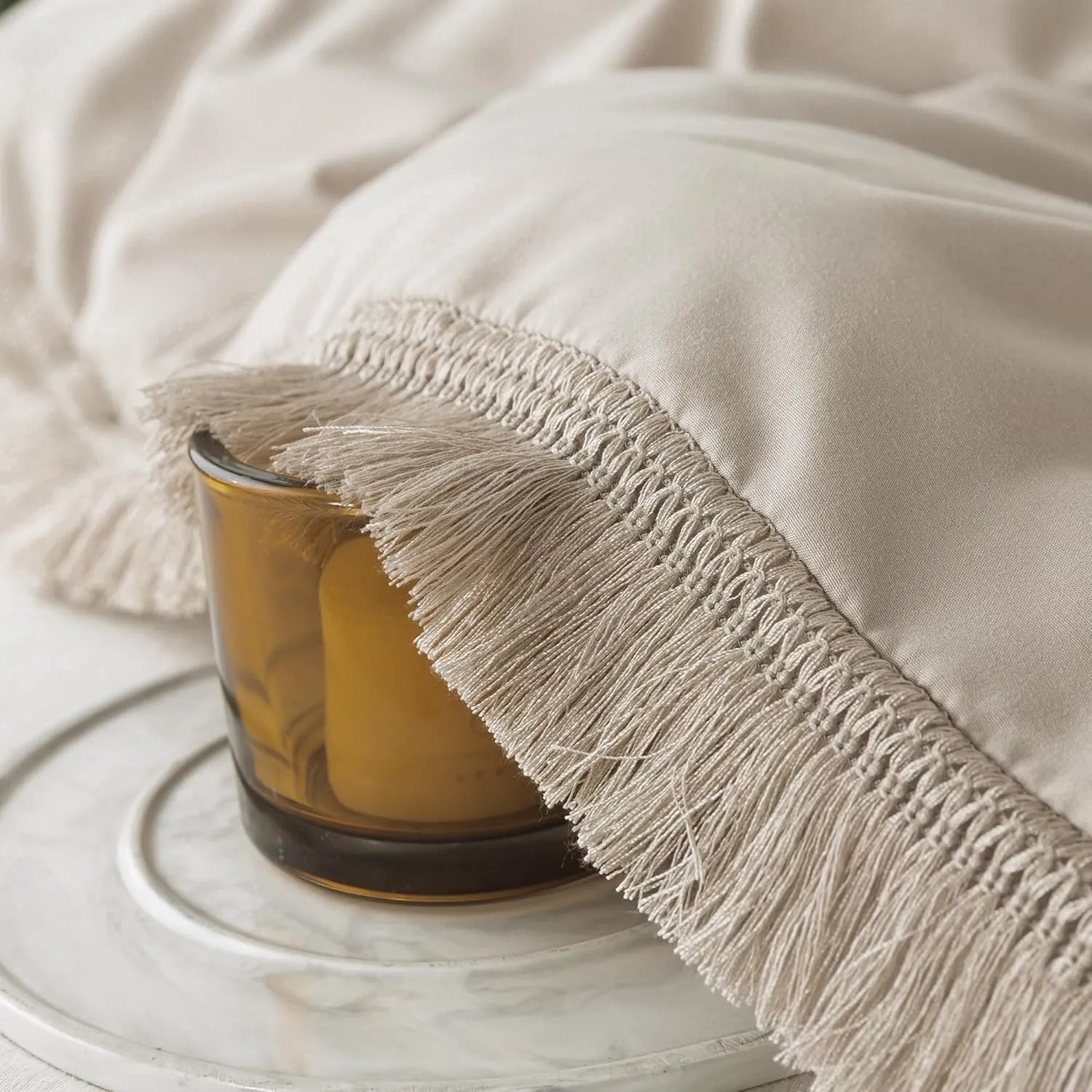 Andency Oatmeal Comforter Set Full Size, 3 Pieces Boho Tassel Lightweight Bedding Comforter Sets, All Season Soft Fluffy Fringe Bed Set (79x90In Comforter & 2 Pillowcases)