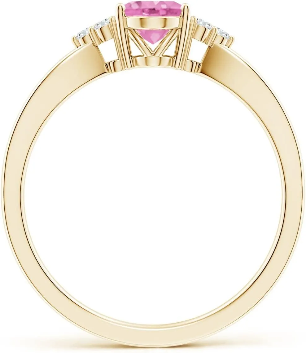 Angara Natural Oval Pink Sapphire Split Shank Ring with Trio Diamonds in 14K Solid Gold/Platinum | Birthday, Engagement, Anniversary, Wedding Jewelry Gift for Women