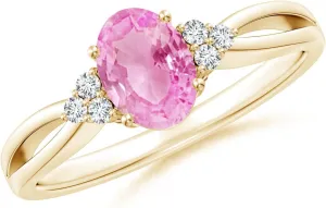 Angara Natural Oval Pink Sapphire Split Shank Ring with Trio Diamonds in 14K Solid Gold/Platinum | Birthday, Engagement, Anniversary, Wedding Jewelry Gift for Women
