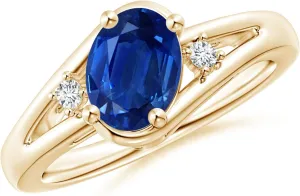 Angara Natural Prong-Set 1.55 ct Blue Sapphire and Diamond Split Shank Engagement Ring in 14K Yellow Gold for Women (Size-8x6mm) | September Birthstone Jewelry