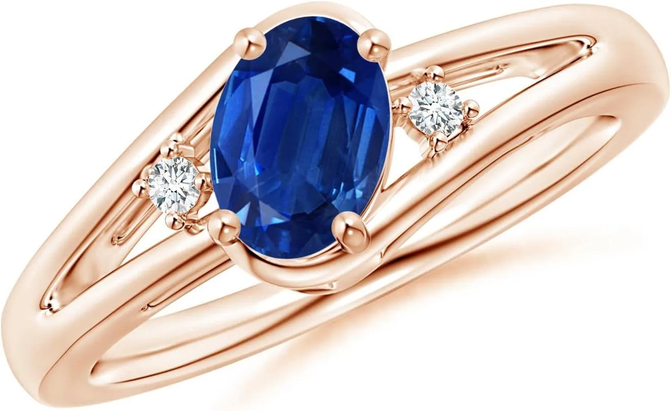 Angara Natural Prong-Set Blue Sapphire and Diamond Split Shank Engagement Ring in 14K Rose Gold for Women (Size-7x5mm) | September Birthstone Jewelry
