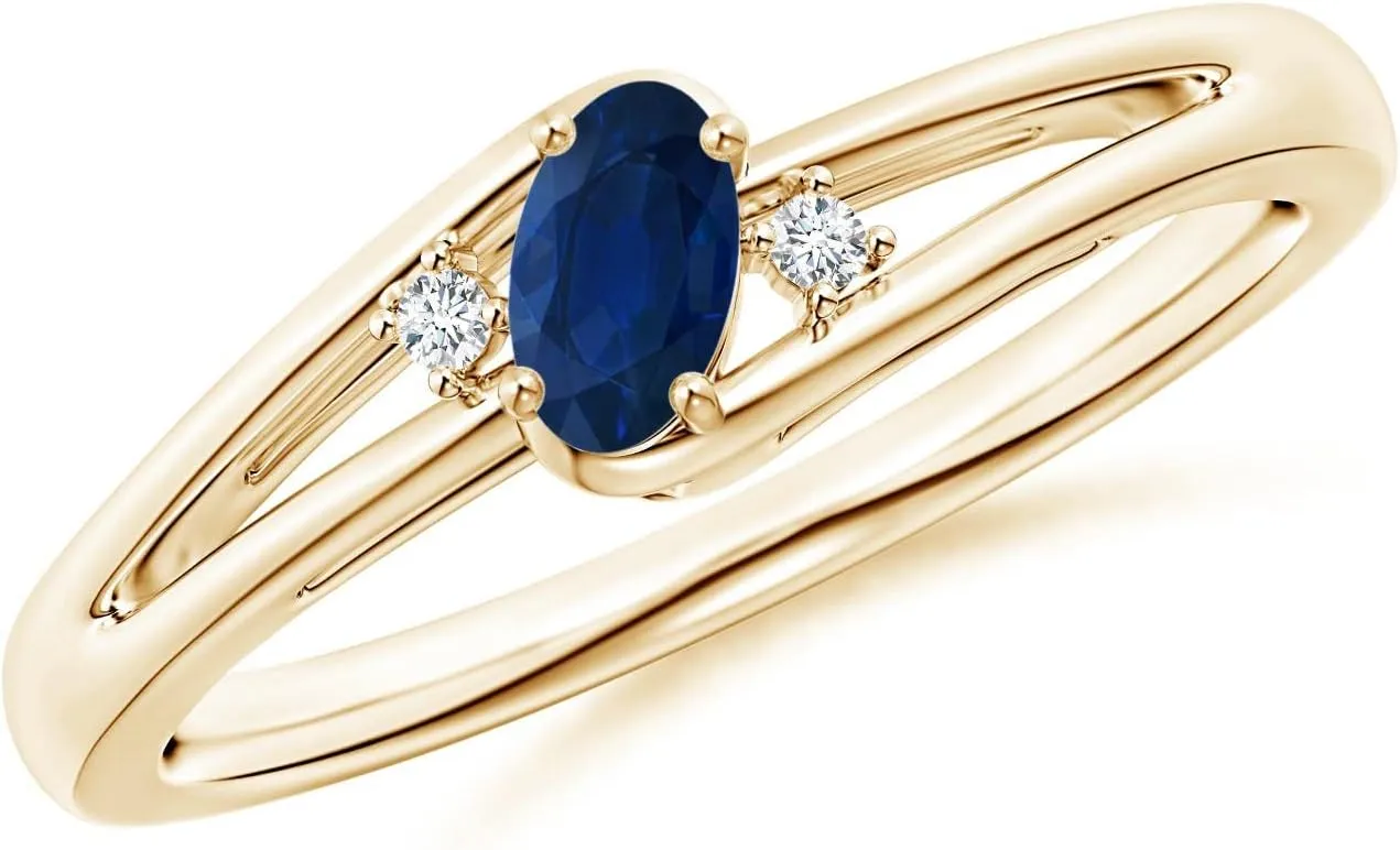 Angara Natural Prong-Set Blue Sapphire and Diamond Split Shank Engagement Ring in 14K Yellow Gold for Women (Size-5x3mm) | September Birthstone Jewelry