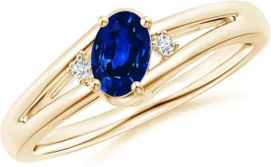 Angara Natural Prong-Set Blue Sapphire and Diamond Split Shank Engagement Ring in 14K Yellow Gold for Women (Size-6x4mm) | September Birthstone Jewelry