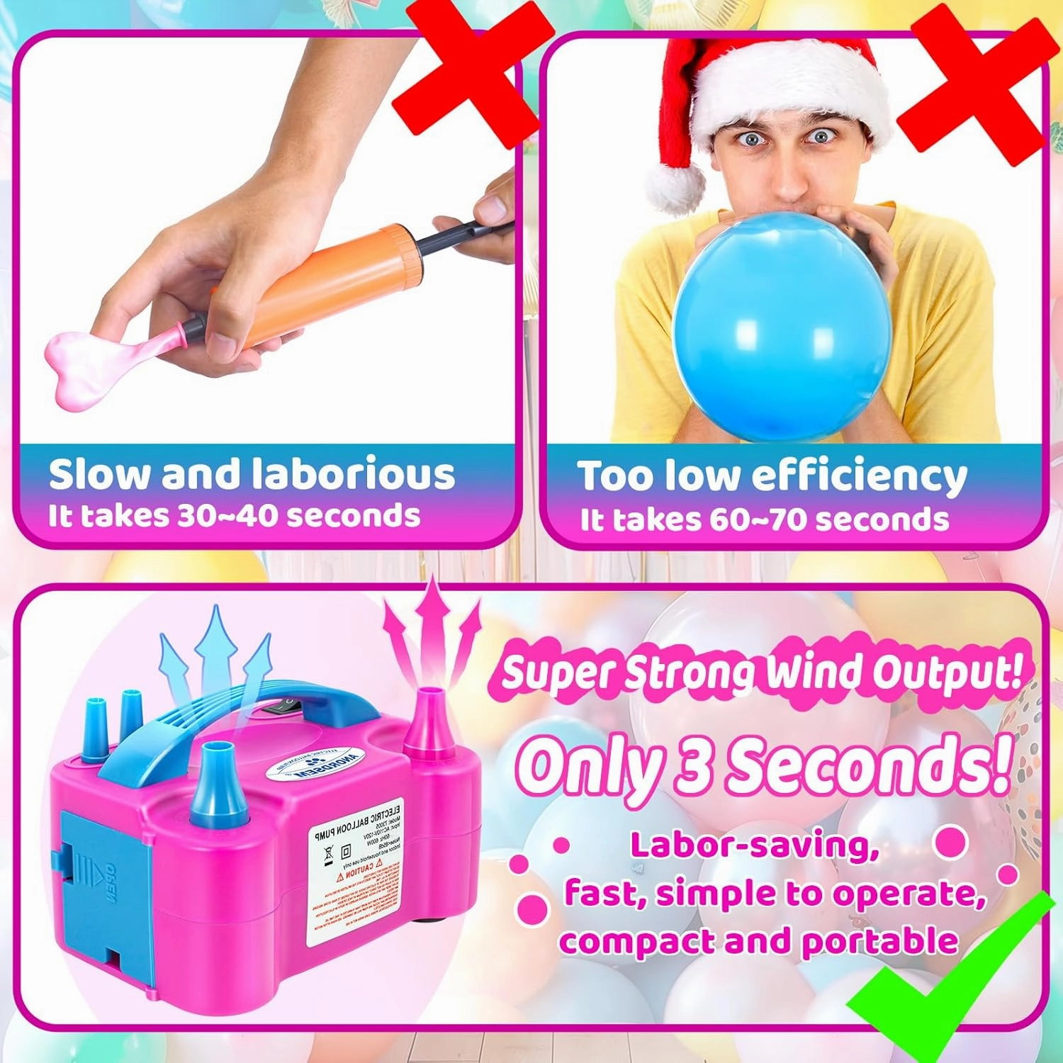 Anordsem Balloon Air Pump Electric: Balloon Inflator Portable for All Balloons at Home - Rose Red Blower Machine Dual Nozzle for Party Balloon Arch Kit Stand Birthday DIY Decoration