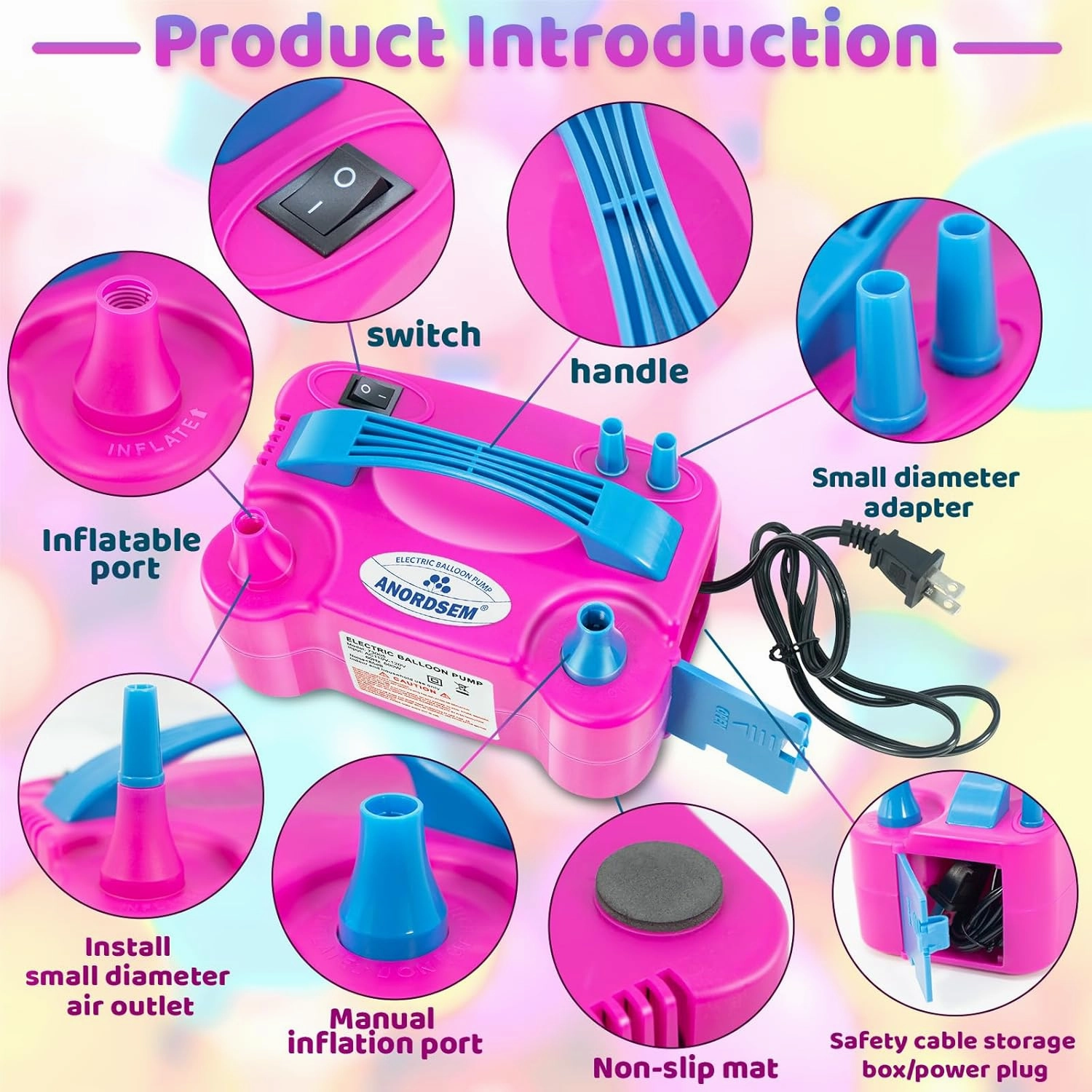 Anordsem Balloon Air Pump Electric: Balloon Inflator Portable for All Balloons at Home - Rose Red Blower Machine Dual Nozzle for Party Balloon Arch Kit Stand Birthday DIY Decoration