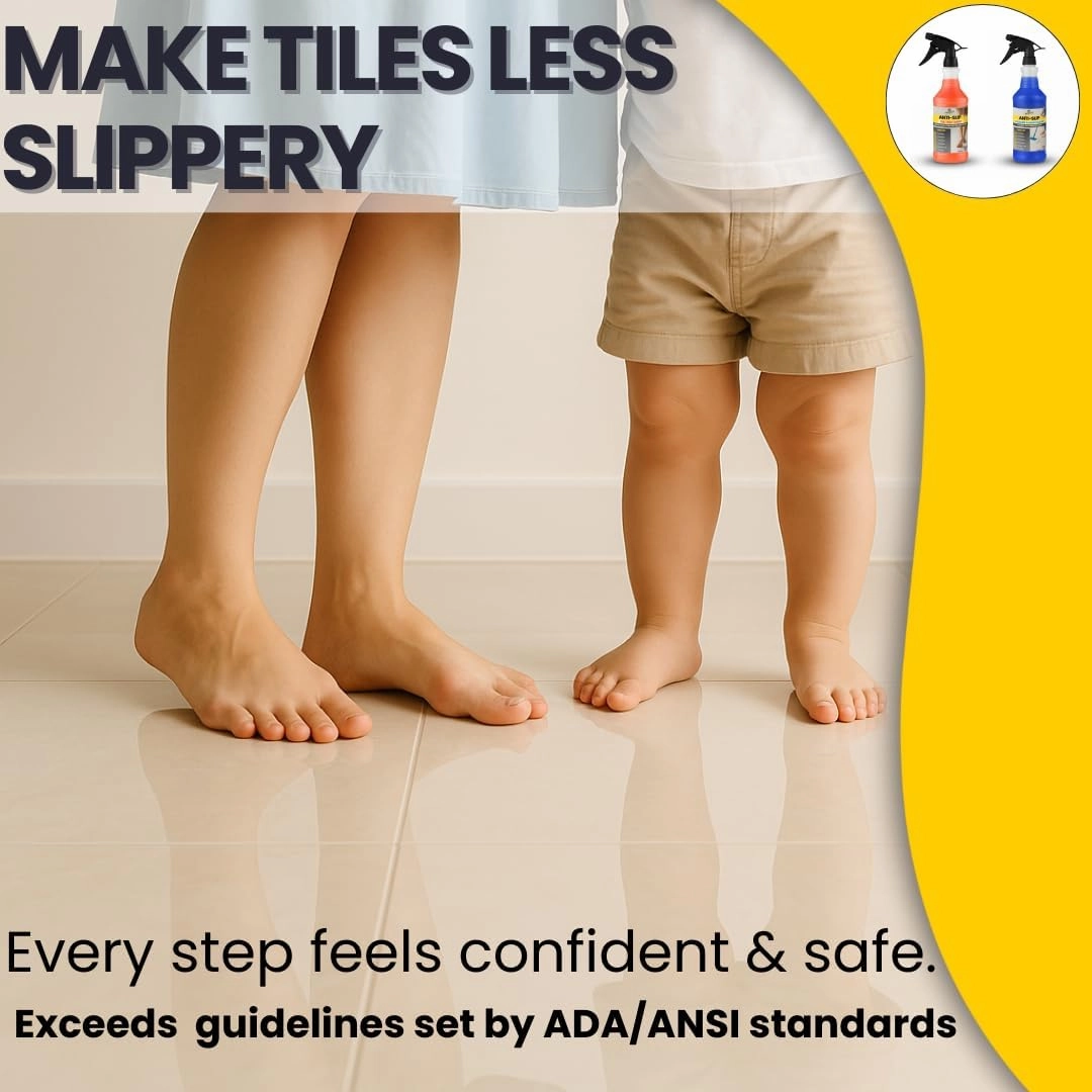 Anti Slip Floor Tile Treatment Kit for 100sq ft. Non Slip for Slick Tiles. Increases Traction in Minutes on Indoor/Outdoor Tile. Lasts for Years in Commercial/Residential Areas. Includes Cleaner.
