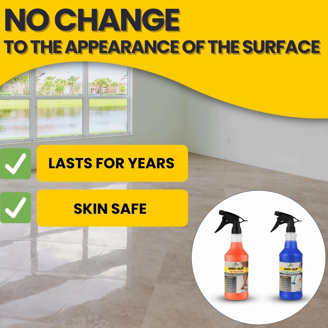 Anti Slip Floor Tile Treatment Kit for 100sq ft. Non Slip for Slick Tiles. Increases Traction in Minutes on Indoor/Outdoor Tile. Lasts for Years in Commercial/Residential Areas. Includes Cleaner.