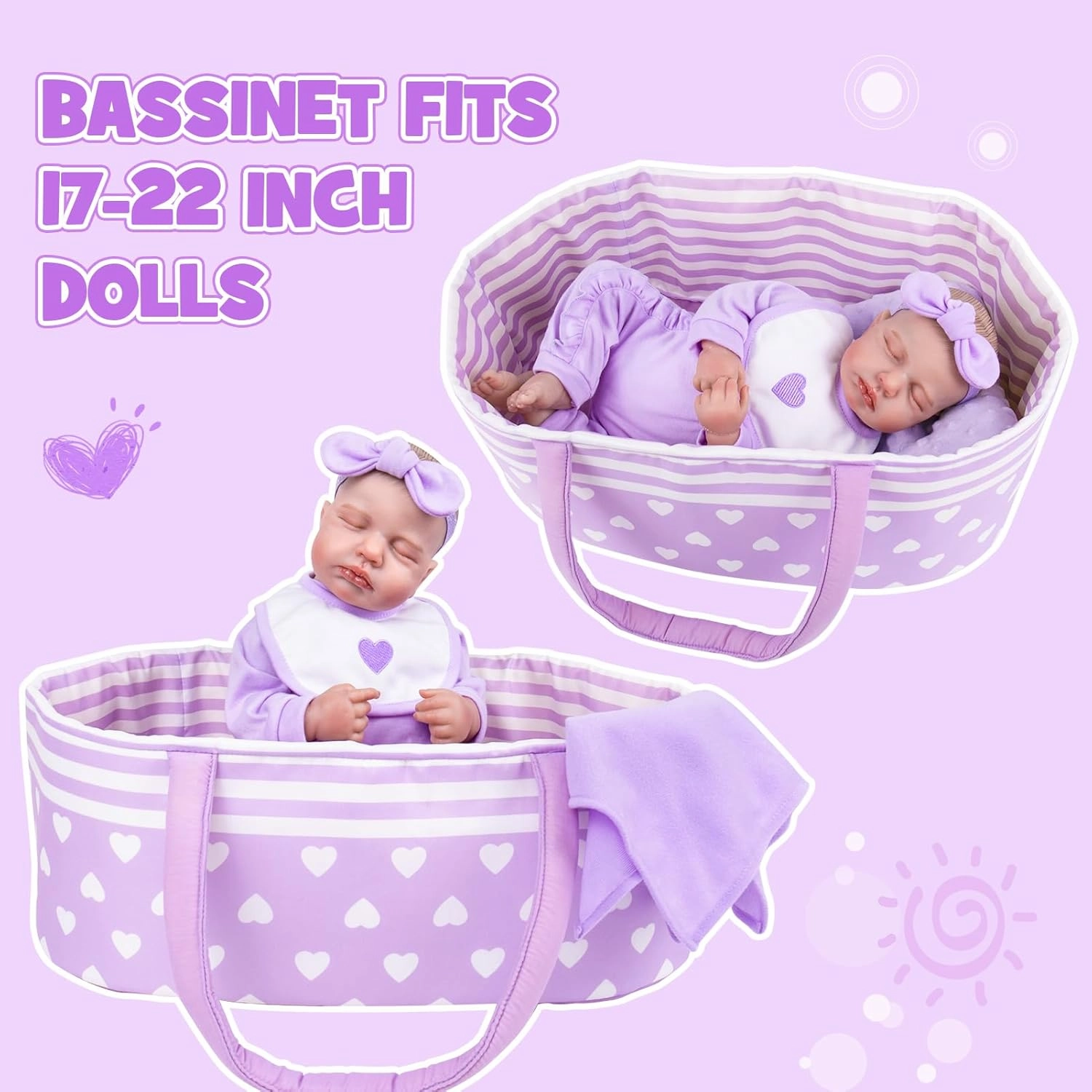 Aori Reborn Baby Dolls Bassinet Foldable Baby Doll Carrier Bed Soft Doll Carrier Doll Accessories with Handle for 17-22 inch Baby Dolls Girls (Purple)