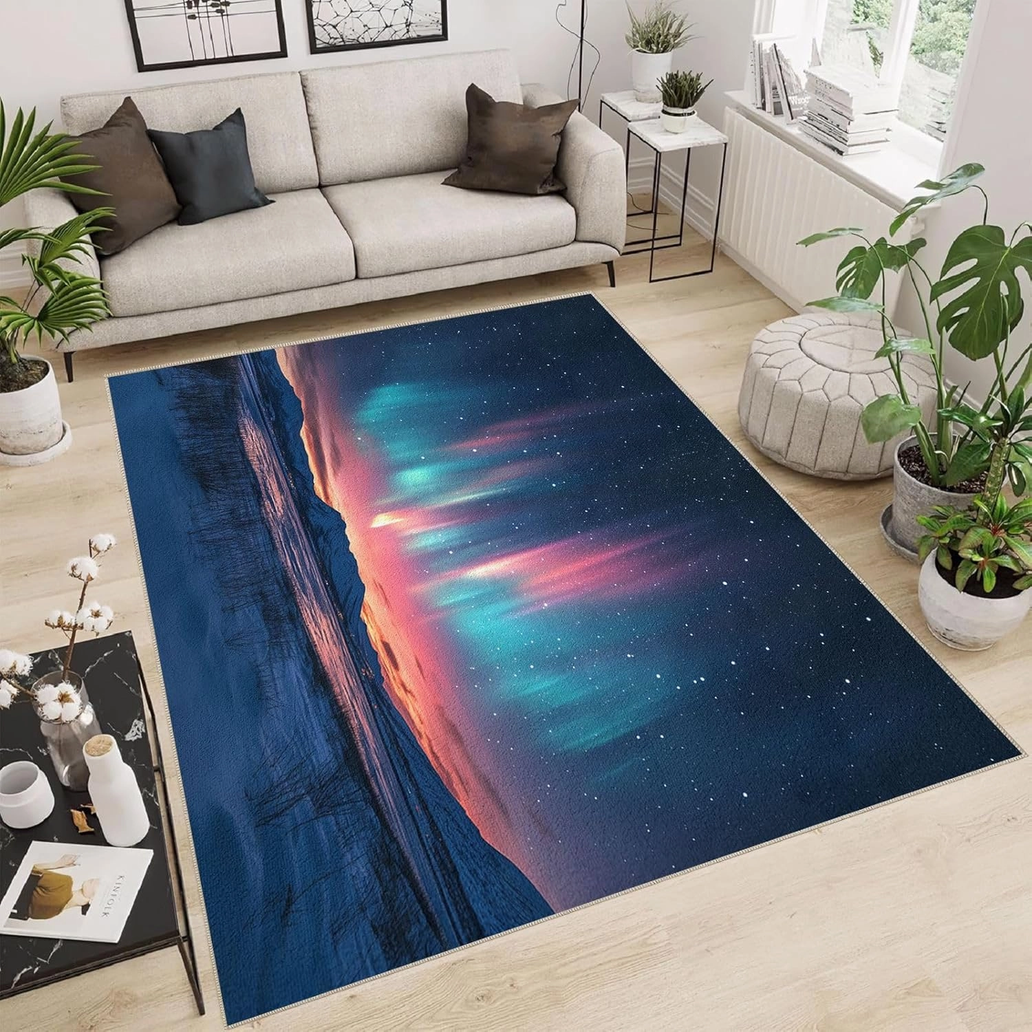 Area Rugs 2'x3' for Living Room Aurora Starry Sky Polar Lights Scenery Low Pile Soft Bedroom Carpet Non Slip Backing Machine Washable Rug Pad Entryway Mat Doormat Indoor Floor Throw Home Decor