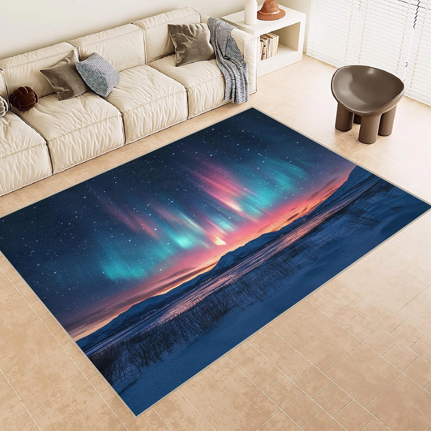 Area Rugs 2'x3' for Living Room Aurora Starry Sky Polar Lights Scenery Low Pile Soft Bedroom Carpet Non Slip Backing Machine Washable Rug Pad Entryway Mat Doormat Indoor Floor Throw Home Decor
