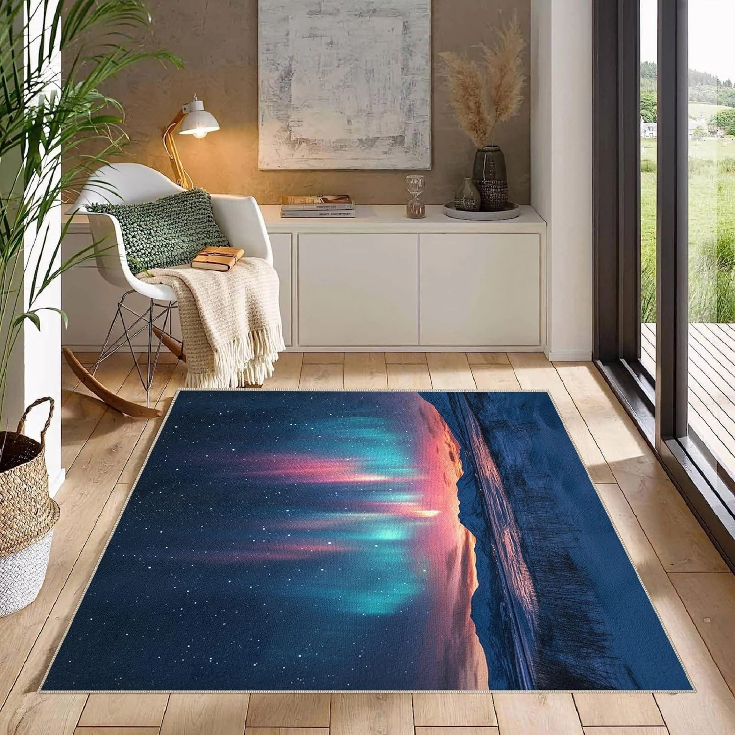 Area Rugs 2'x3' for Living Room Aurora Starry Sky Polar Lights Scenery Low Pile Soft Bedroom Carpet Non Slip Backing Machine Washable Rug Pad Entryway Mat Doormat Indoor Floor Throw Home Decor