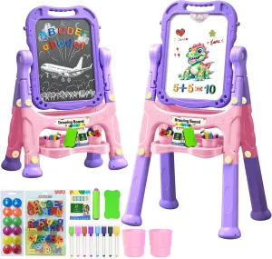 Art Easel for Kids Double Sided Magnetic Drawing Board with Letters & Numbers, Adjustable Standing Easel for Toddlers, Creative Play & Learning Toys for Girls - Purple