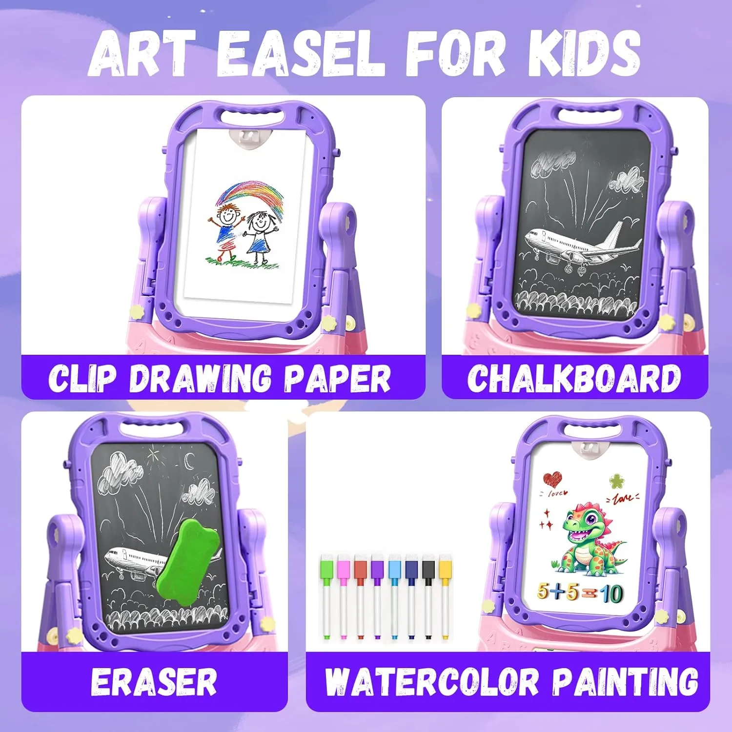 Art Easel for Kids Double Sided Magnetic Drawing Board with Letters & Numbers, Adjustable Standing Easel for Toddlers, Creative Play & Learning Toys for Girls - Purple