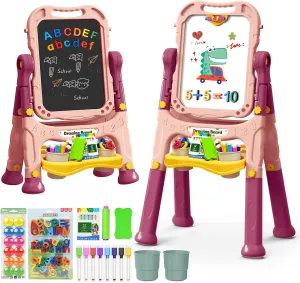Art Easel for Kids with Magnetic Drawing Board, Double Sided with Magnetic Letters & Numbers, Adjustable Standing Easel for Toddler, Creative Play (Pink)