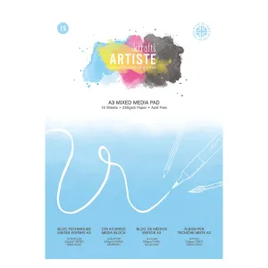 Artiste Mixed Media Pad, 250gsm, 15 Sheets, White, A3, Ideal Sketchbook for Adults, Art Notebook for Artists and Kids, Creative Book for Paint, Pencil and Colouring