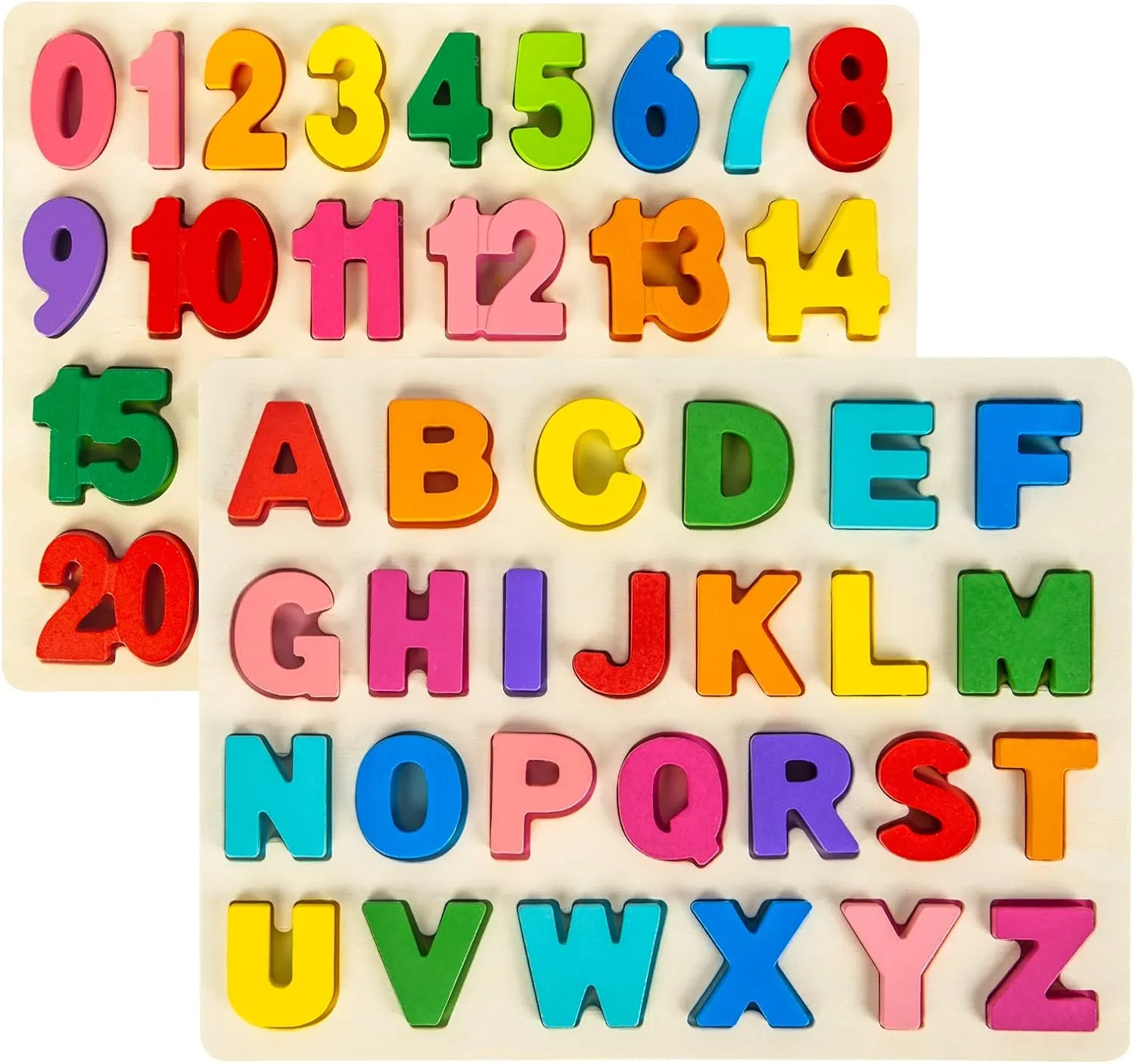 Attmu Wooden Puzzles for Toddlers, Alphabet Puzzle and Number Puzzle, 2 in 1 Preschool Educational Learning Toys with Chunky Wood ABC Puzzle Board, for Girls Boys Kindergarten Set of 2