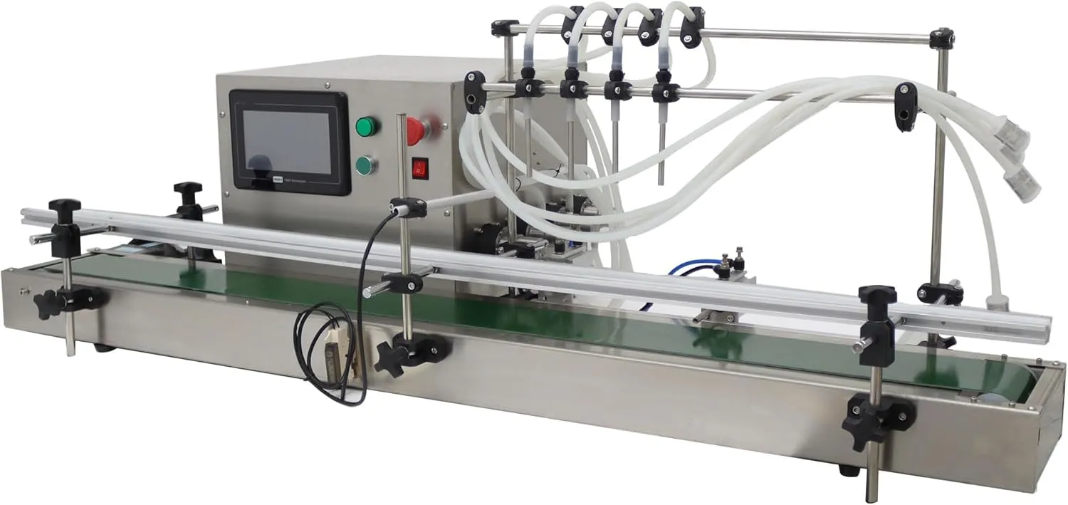 Automatic Magnetic Pump Liquid Filling Machine Four 8mm Nozzles 5-1000ml with 56.7in Conveyor Belt for Liquid Pneumatic Filling