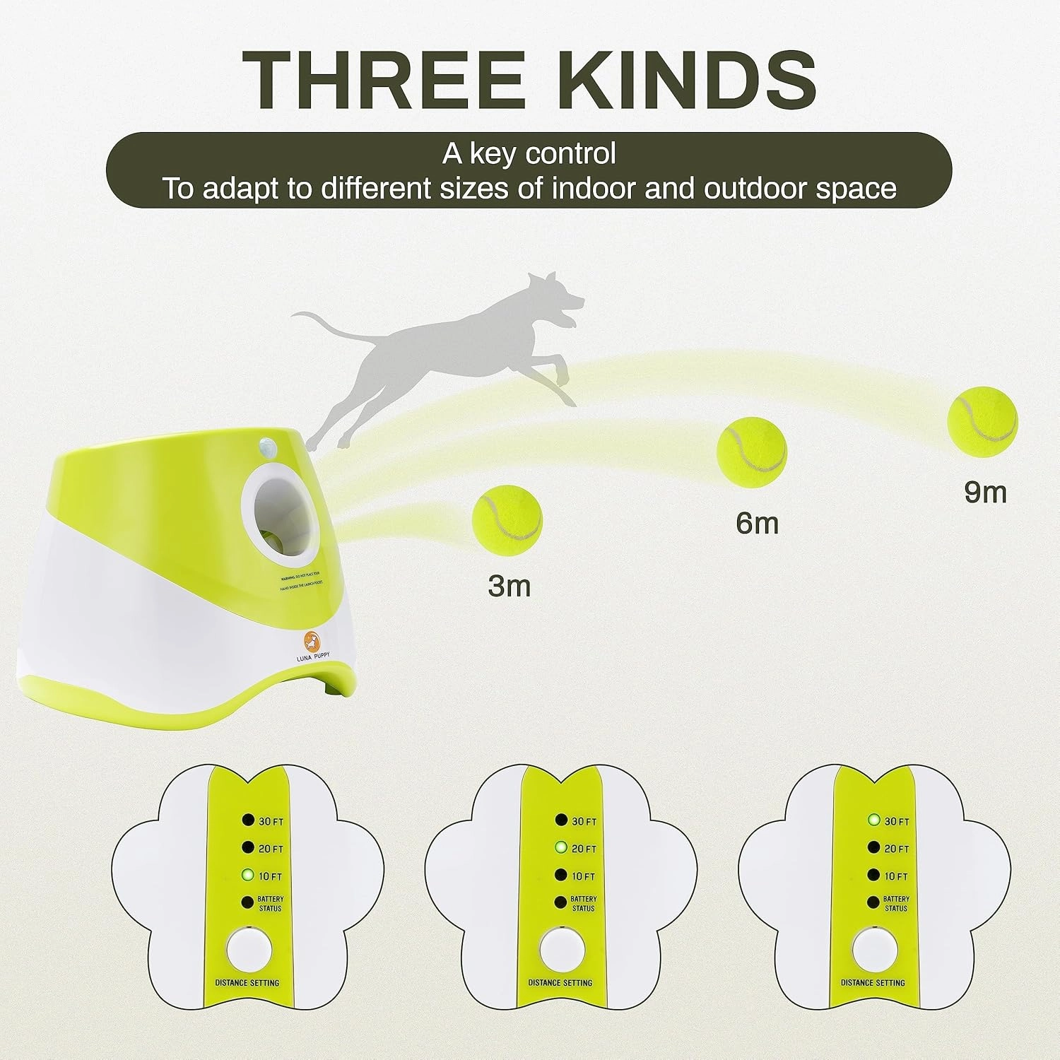Automatic Dog Ball Launcher, Indoor/Outdoor Interactive Dog Toy with Three Ranges, Includes 6 Mini Tennis Balls and a Data Line, Suitable for Small and Medium-Sized Dogs, Green