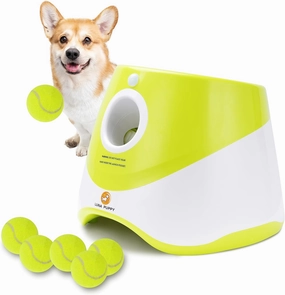 Automatic Dog Ball Launcher, Indoor/Outdoor Interactive Dog Toy with Three Ranges, Includes 6 Mini Tennis Balls and a Data Line, Suitable for Small and Medium-Sized Dogs, Green