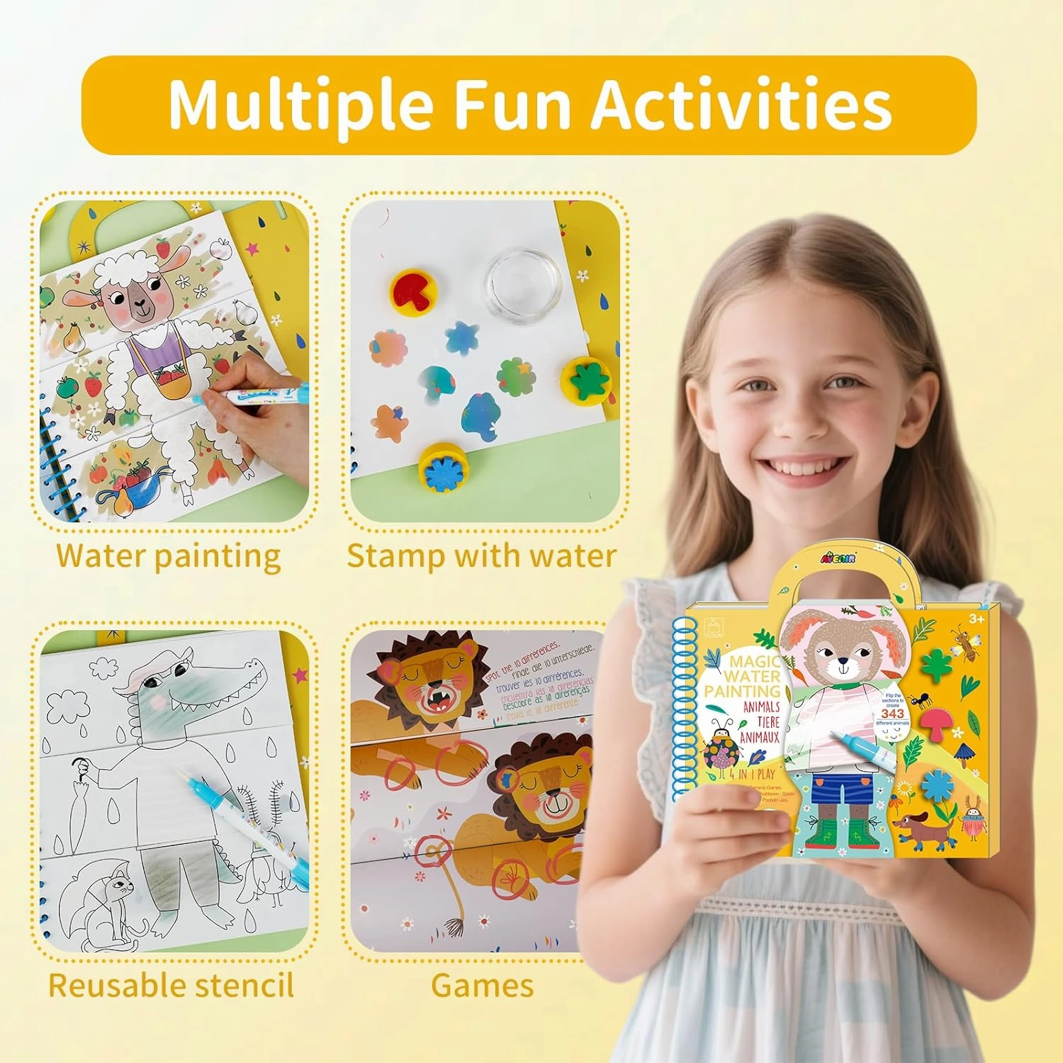 Avenir Water Coloring Painting Magic Book for Toddlers 4 in 1 Creative Set with Water Painting,Stamp with Water,Reusable Stencil,Games Animals for Children 3 Years