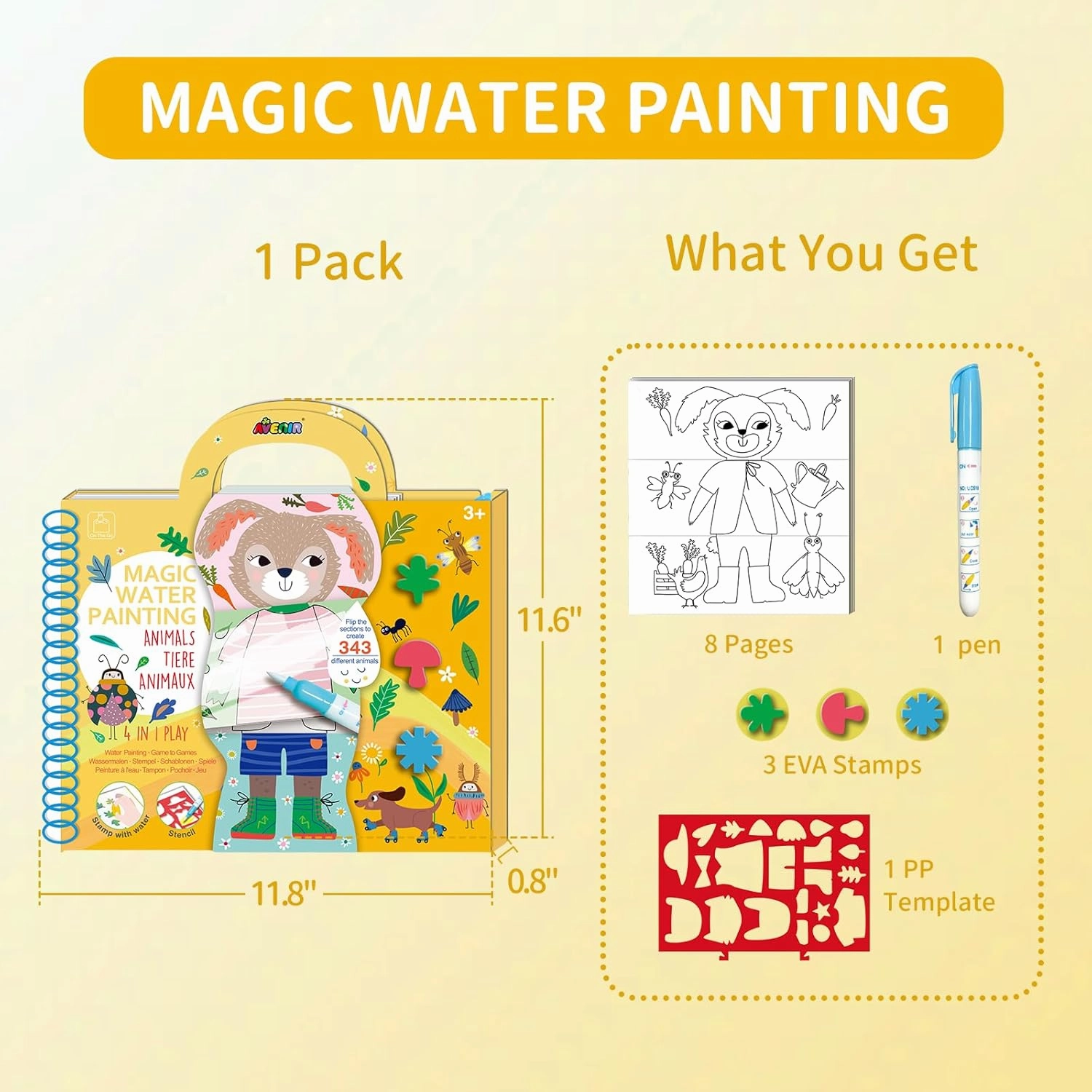 Avenir Water Coloring Painting Magic Book for Toddlers 4 in 1 Creative Set with Water Painting,Stamp with Water,Reusable Stencil,Games Animals for Children 3 Years