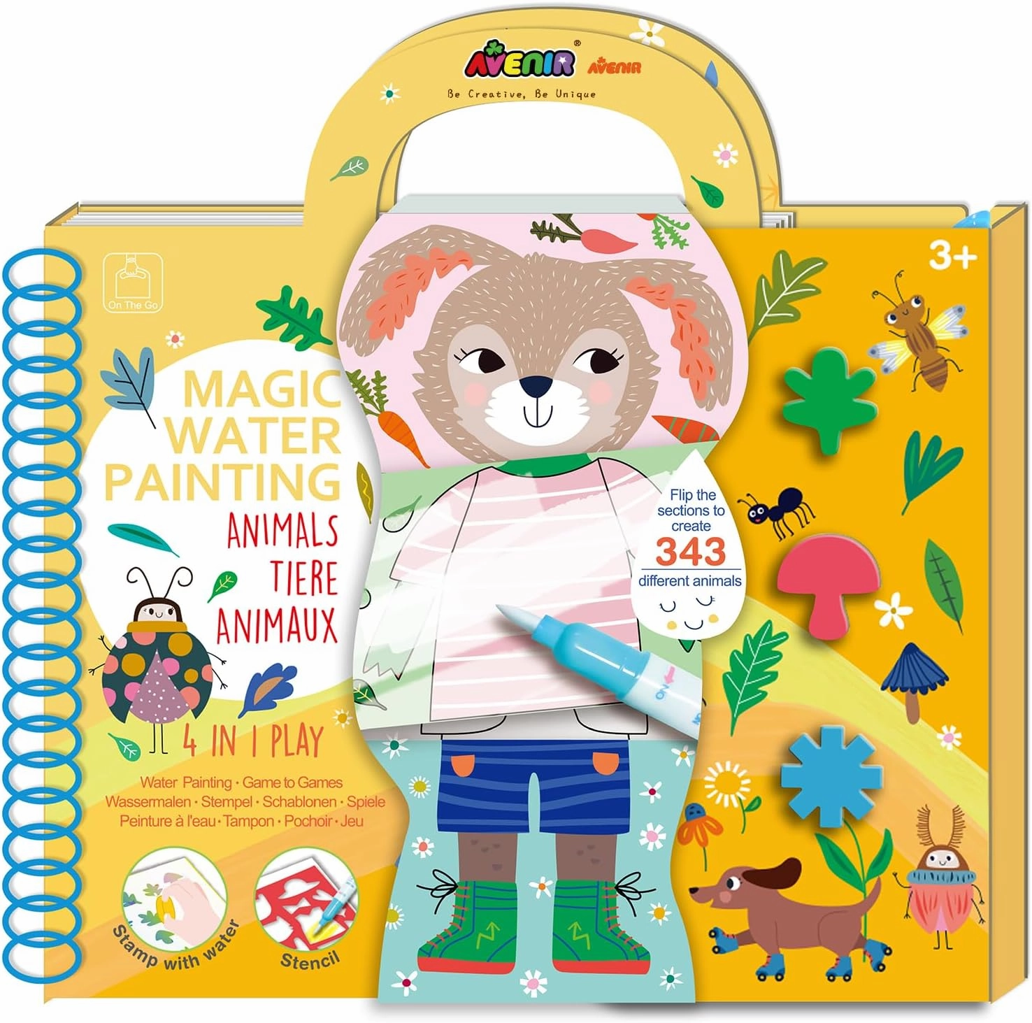 Avenir Water Coloring Painting Magic Book for Toddlers 4 in 1 Creative Set with Water Painting,Stamp with Water,Reusable Stencil,Games Animals for Children 3 Years