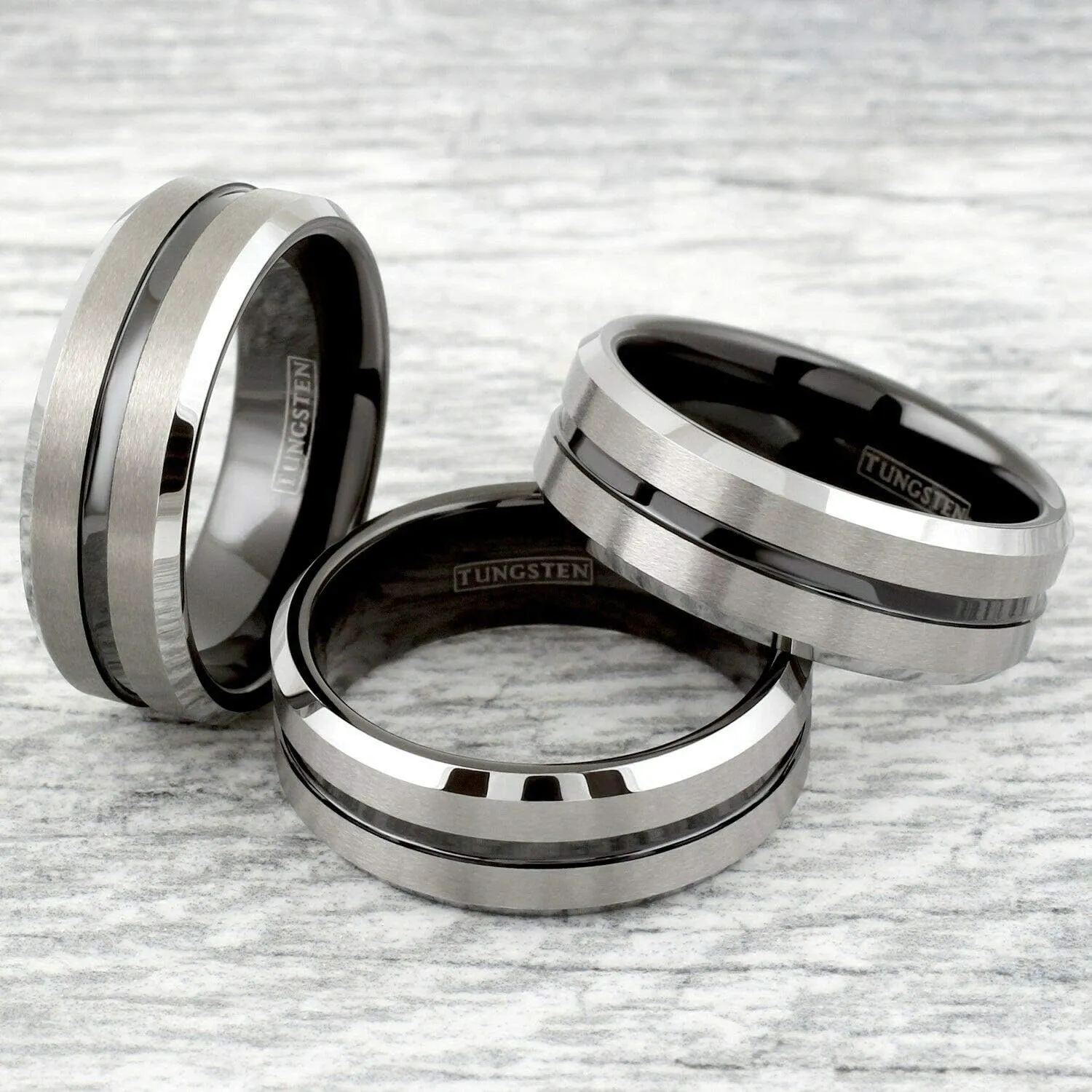 Awesome 8mm Brushed Satin Finish Silver Tungsten Carbide Band Ring with Polished Piano Black Recessed Stripe & Matching Black Comfort Fit Inner Band.