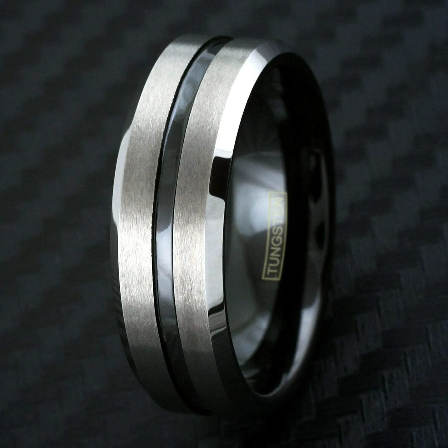 Awesome 8mm Brushed Satin Finish Silver Tungsten Carbide Band Ring with Polished Piano Black Recessed Stripe & Matching Black Comfort Fit Inner Band.