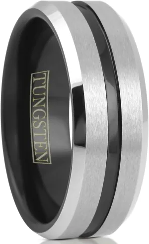 Awesome 8mm Brushed Satin Finish Silver Tungsten Carbide Band Ring with Polished Piano Black Recessed Stripe & Matching Black Comfort Fit Inner Band.